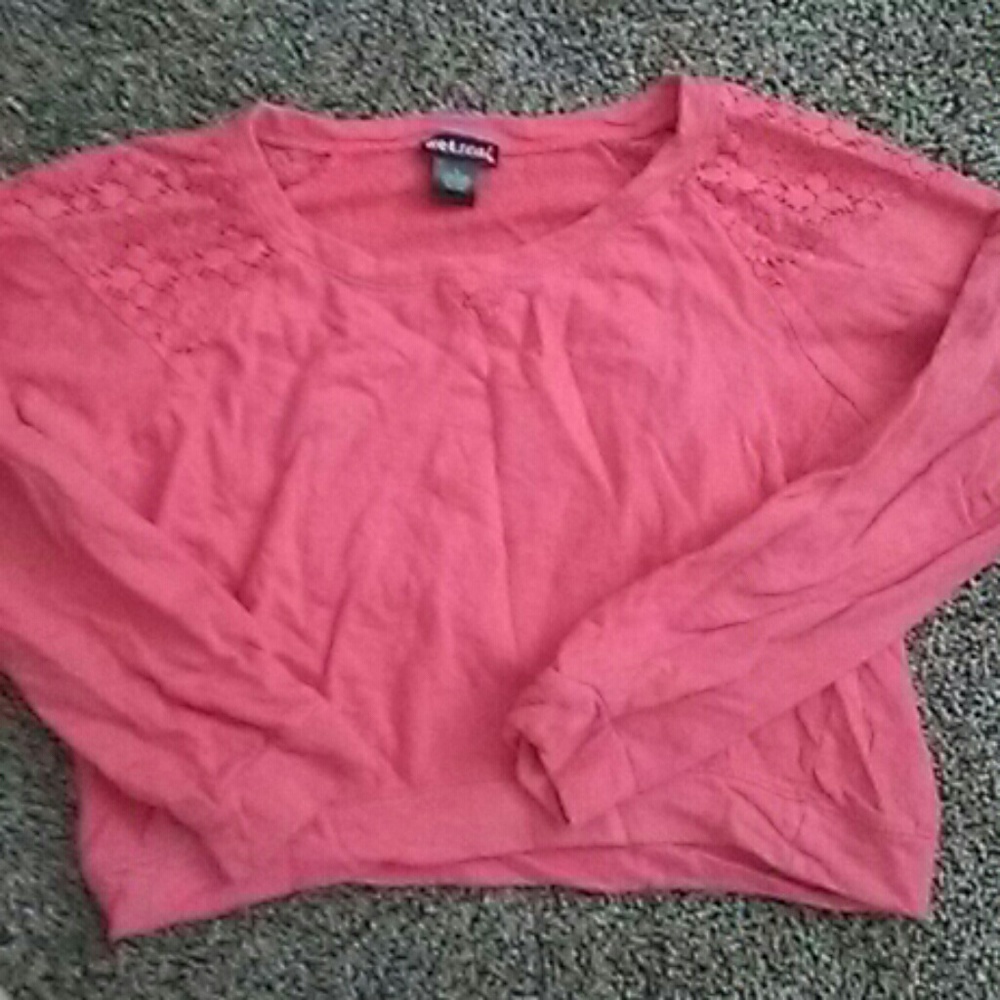 Lace shoulder coral crop sweater